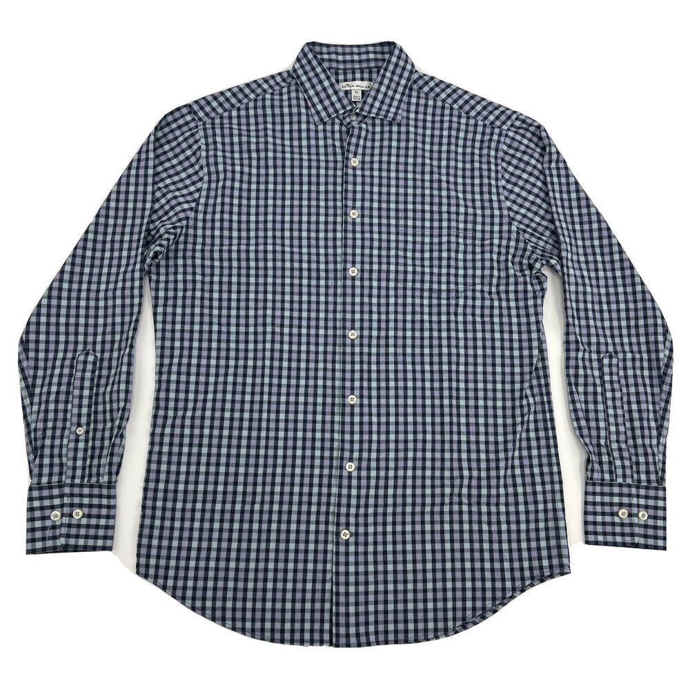 Peter Millar Shirt Men's M Blue White Plaid Long Sleeve Button Up Performance‎